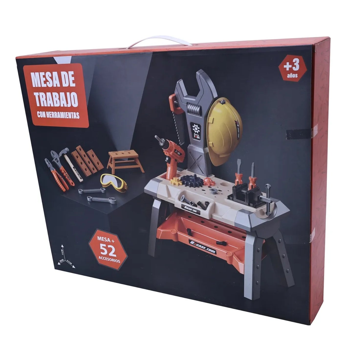 Mesa de trabajo con herramientas, color naranja, vista frontal, juguetes para niños