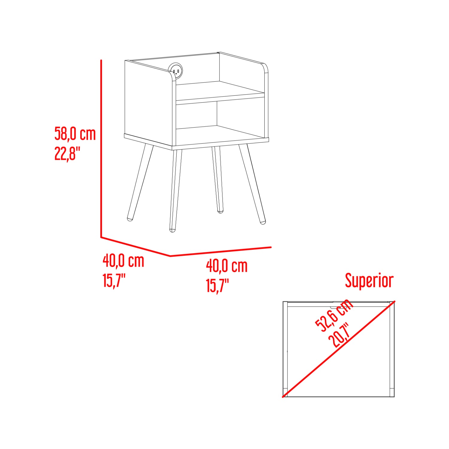 Mesa blanca con estantes, vista frontal, ideal para sala o dormitorio