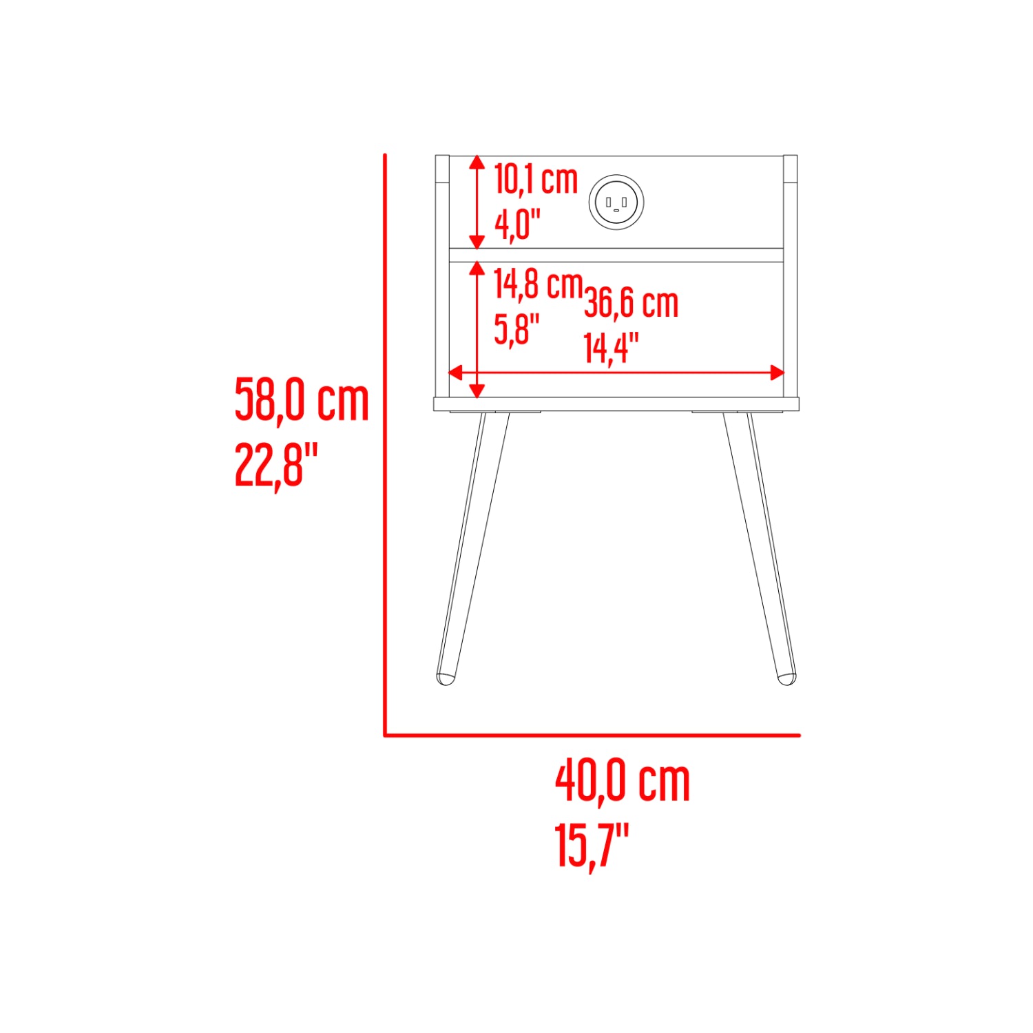 mesa blanca con cajón y enchufe, vista lateral, diseño moderno