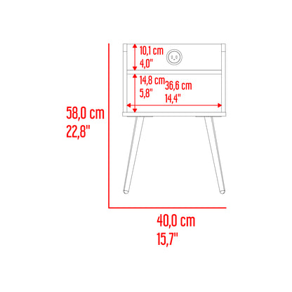 mesa blanca con cajón y enchufe, vista lateral, diseño moderno