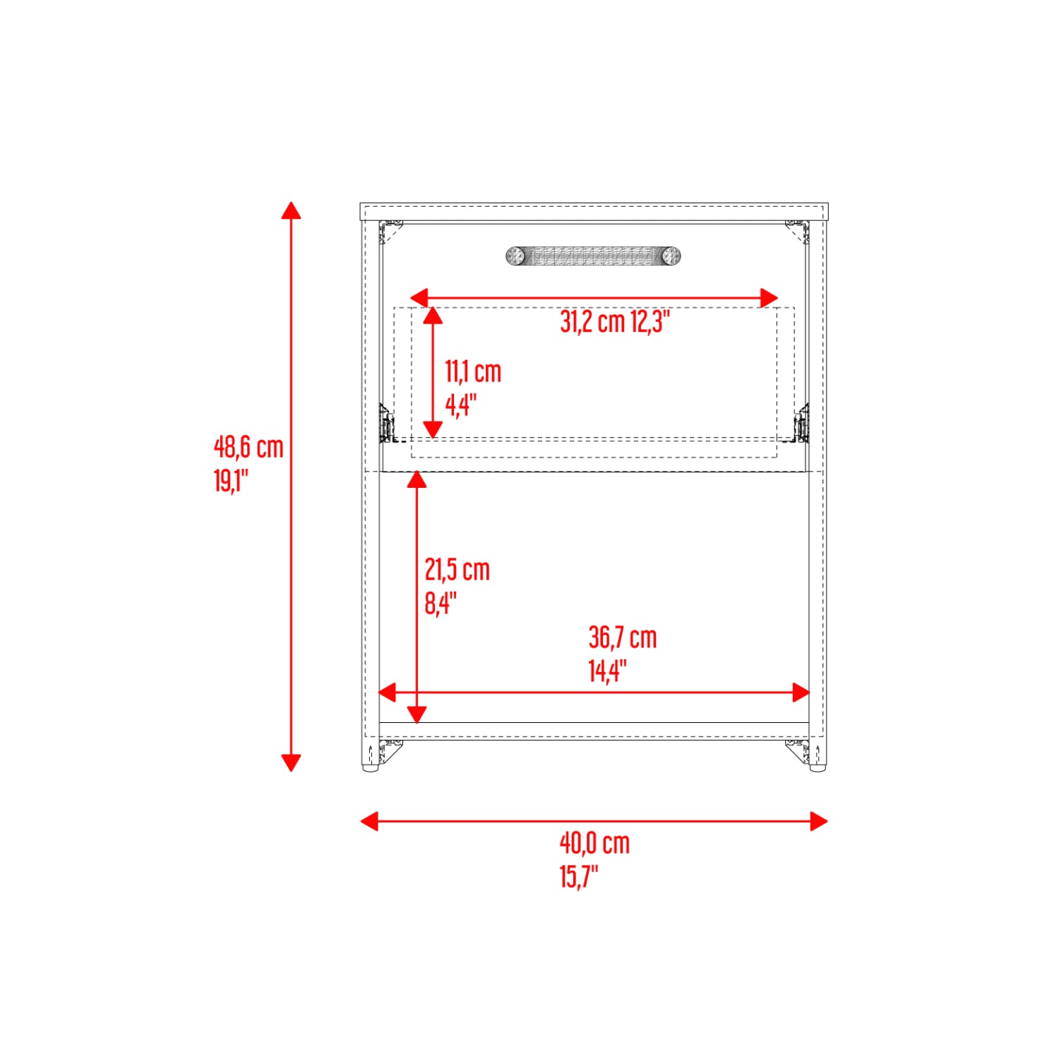 mesa blanca frontal, dimensiones detalladas, diseño funcional