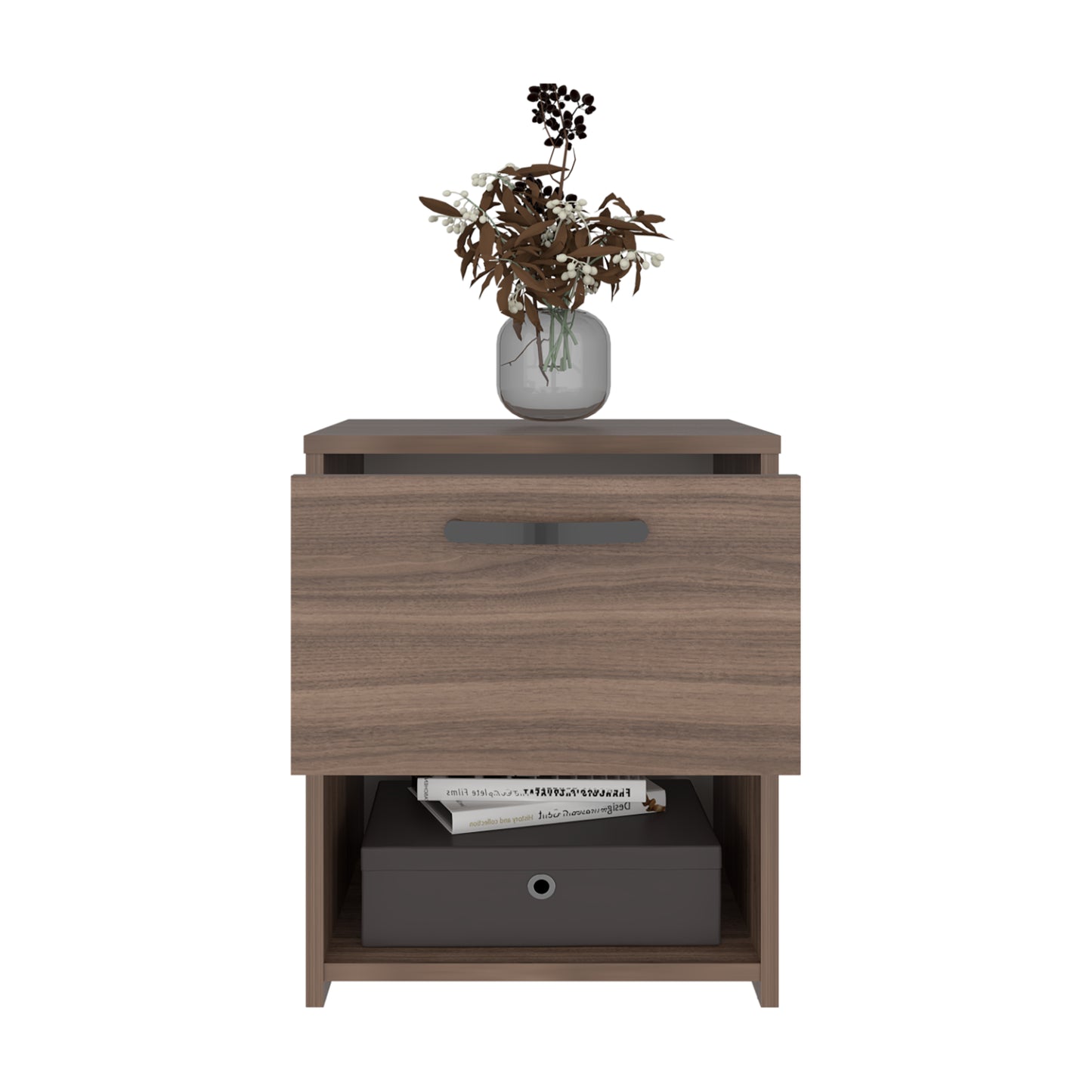 mesa de noche de madera con cajón y decoración en un ambiente moderno