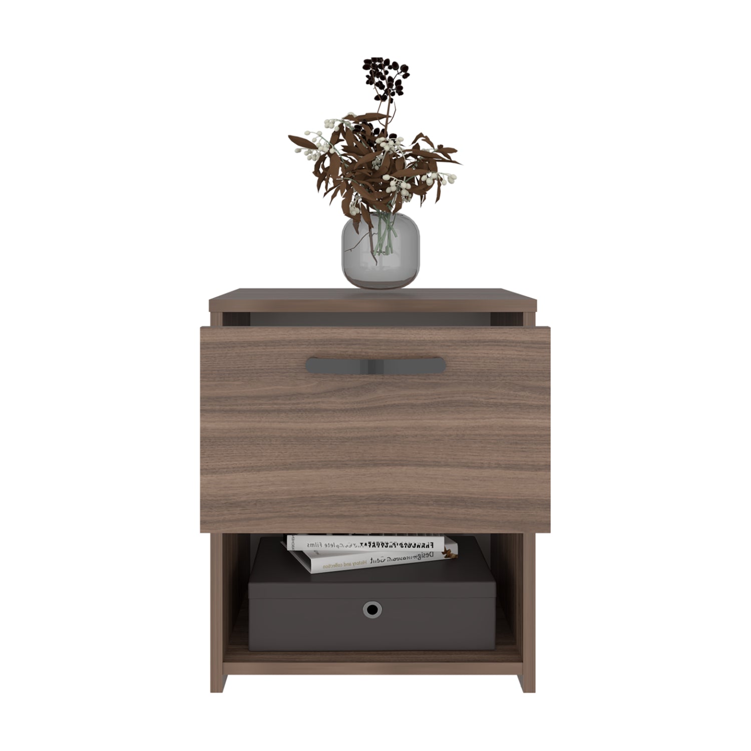 mesa de noche de madera con cajón y decoración en un ambiente moderno