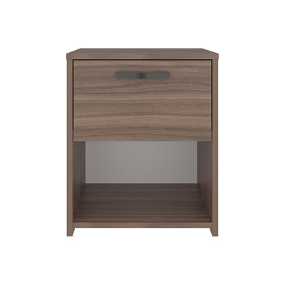 mesa de noche marrón con cajón frontal, dormitorio moderno