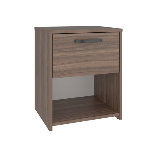 mesa marrón con un cajón y estante inferior, vista frontal