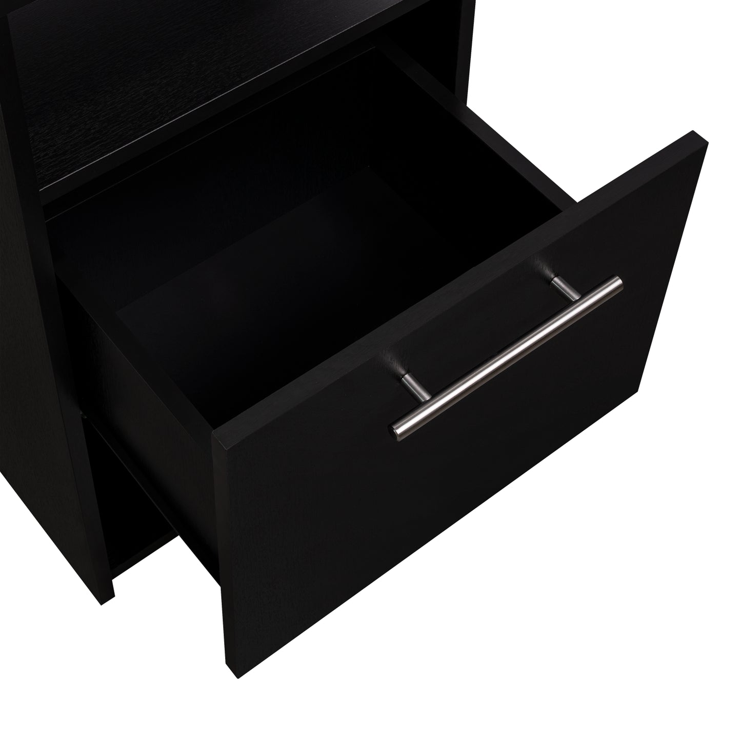 mesa negra con cajón abierto, vista frontal