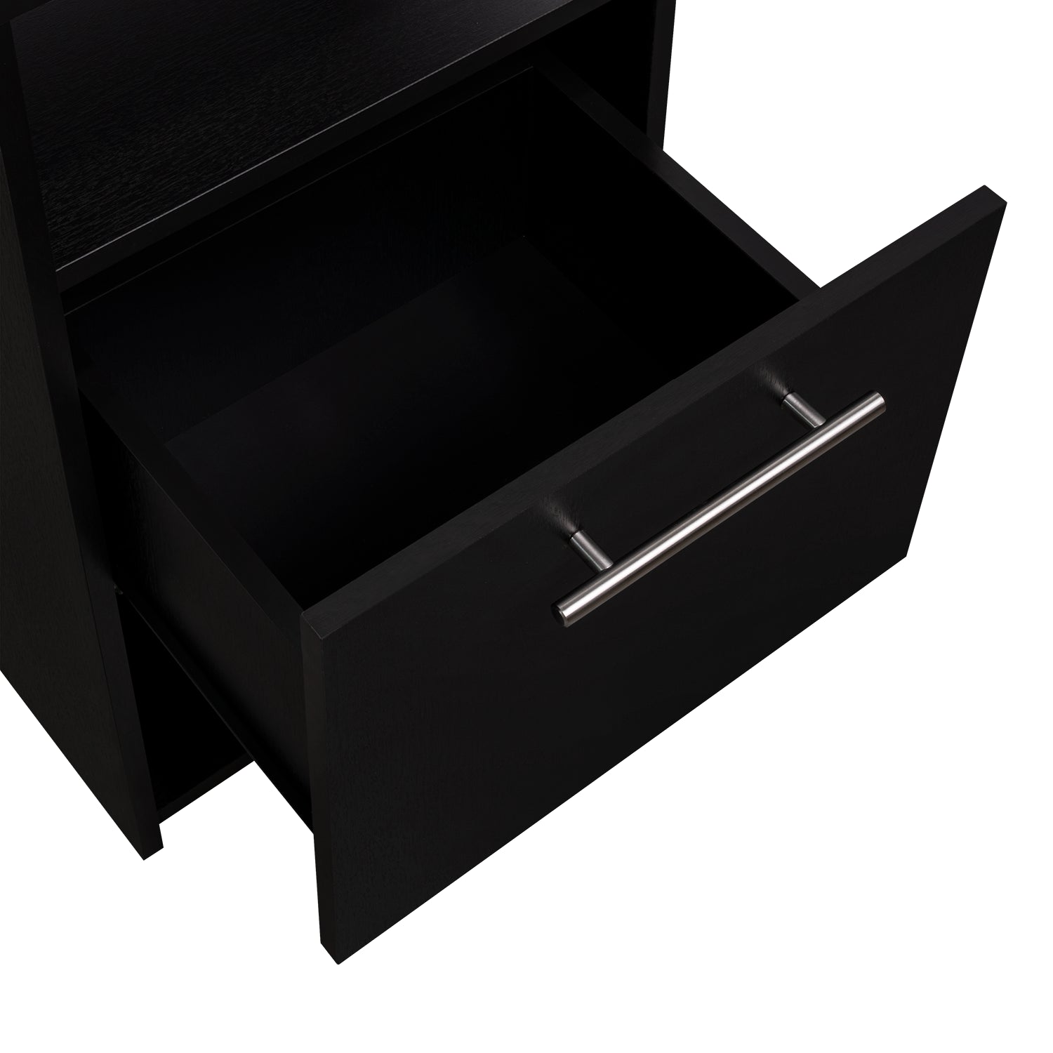 mesa negra con cajón abierto, vista frontal