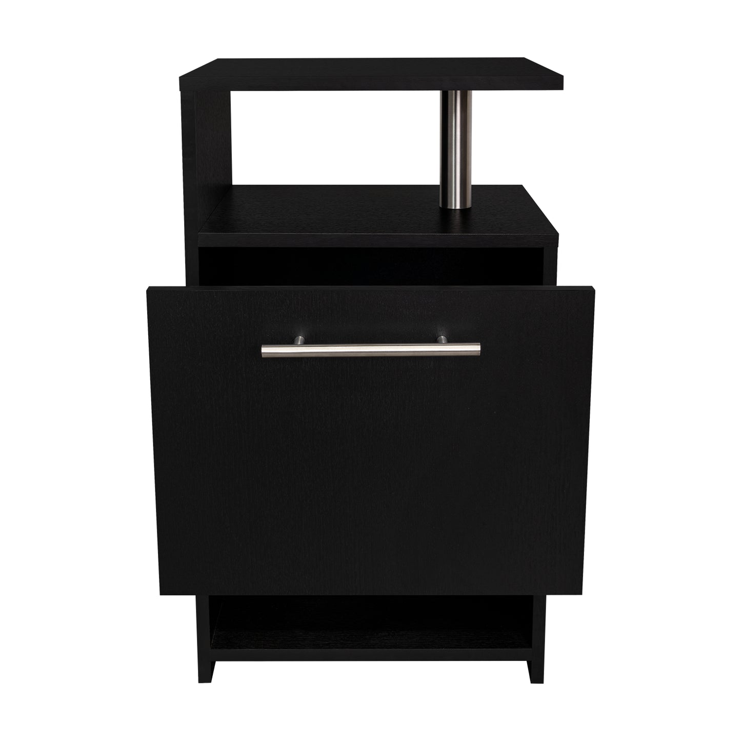 mesa negra con estante, vista frontal, almacenamiento moderno