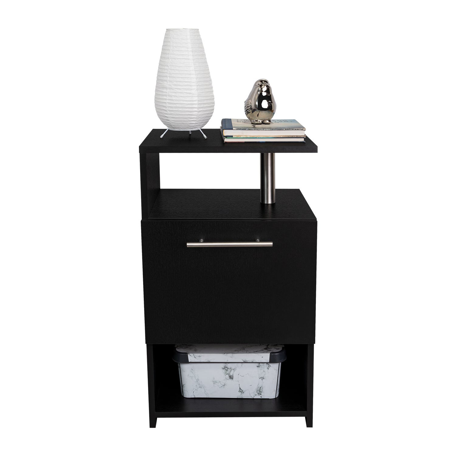 mesa negra moderna con estante superior y almacenamiento, decoración elegante