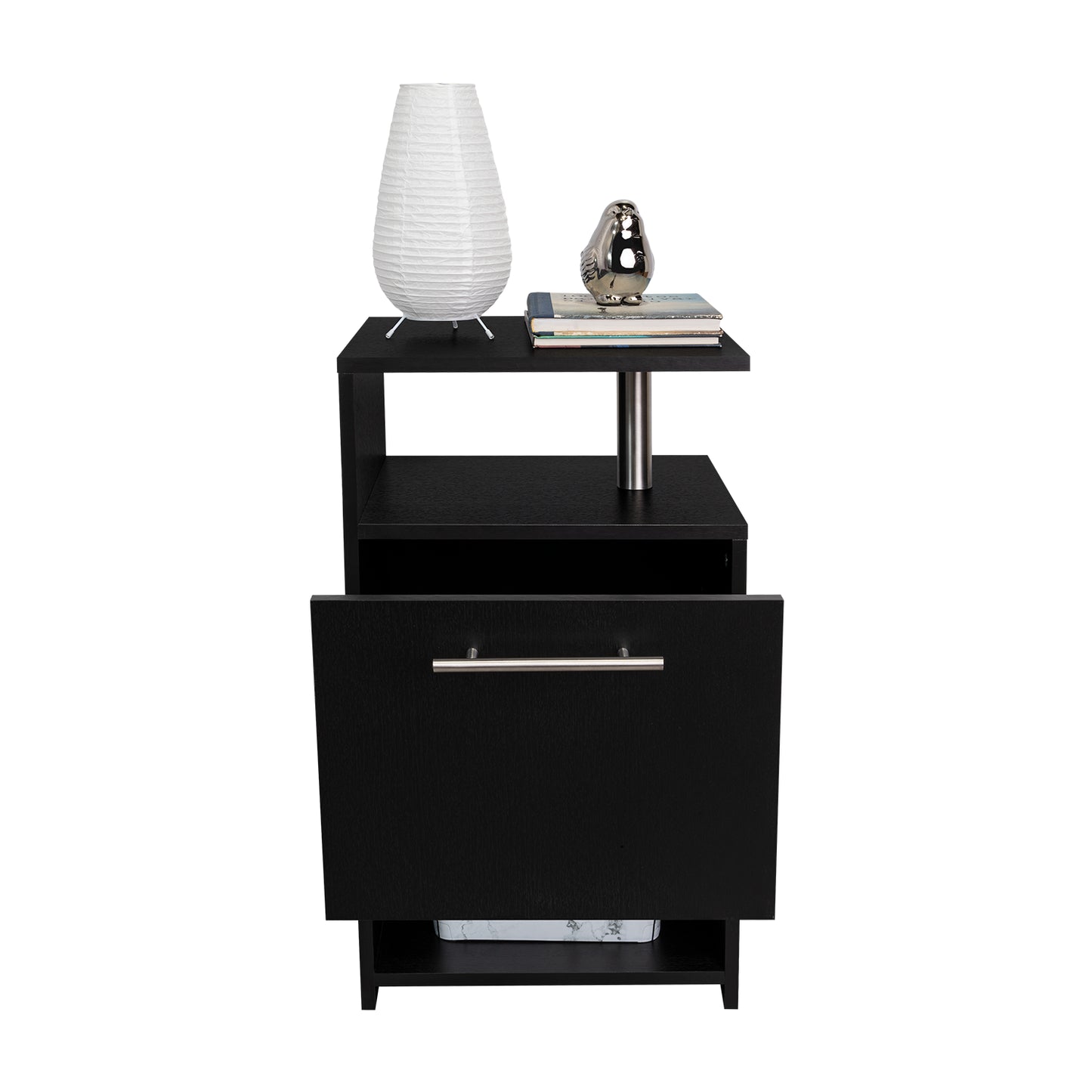 mesa negra moderna con estante, lámpara y libros decorativos