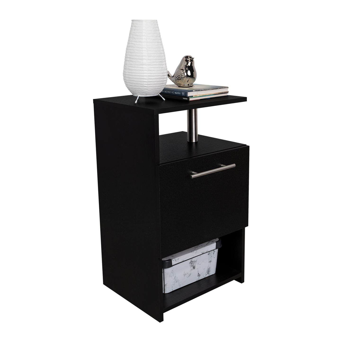 mesa negra lateral con cajón, decoración en sala de estar
