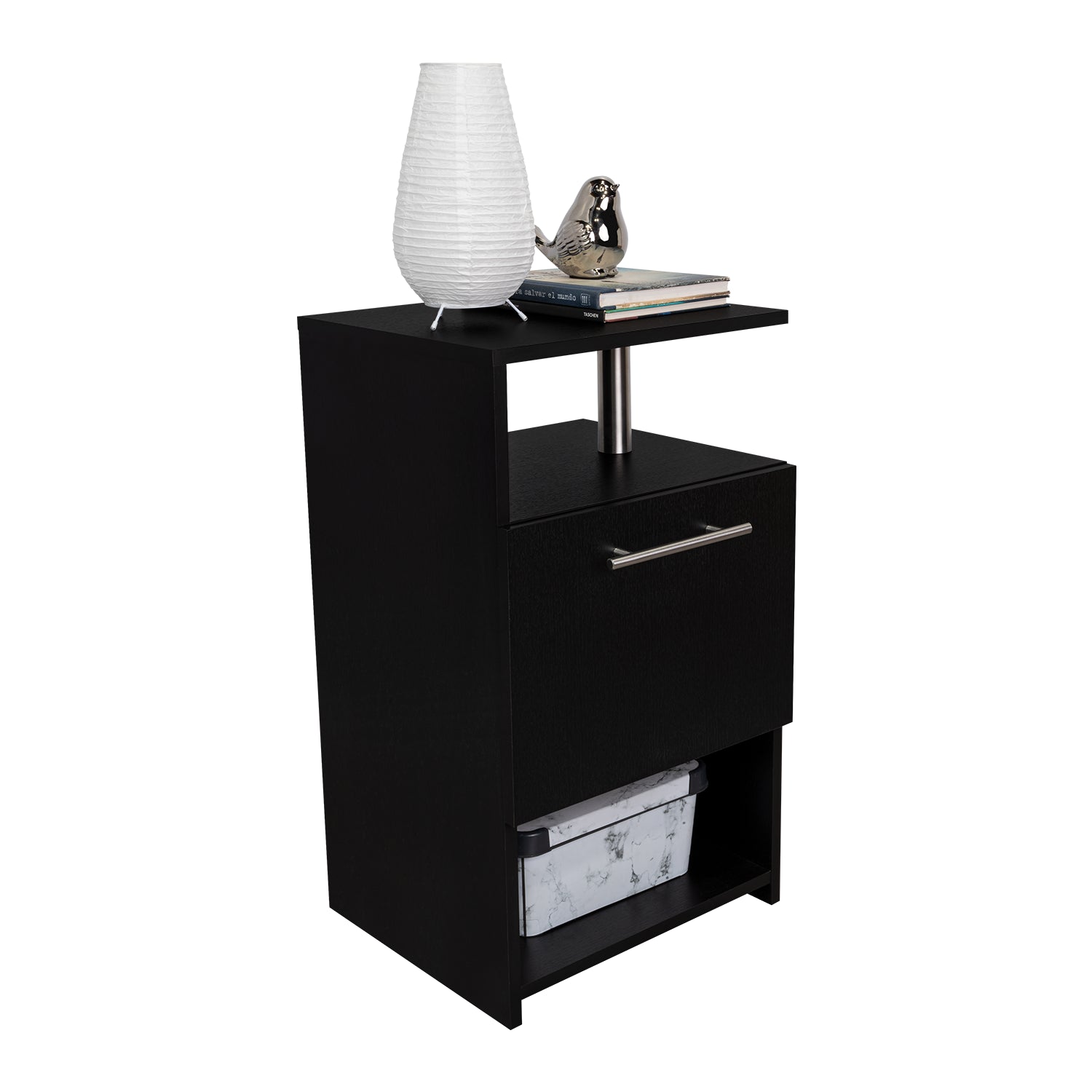 mesa negra lateral con cajón, decoración en sala de estar