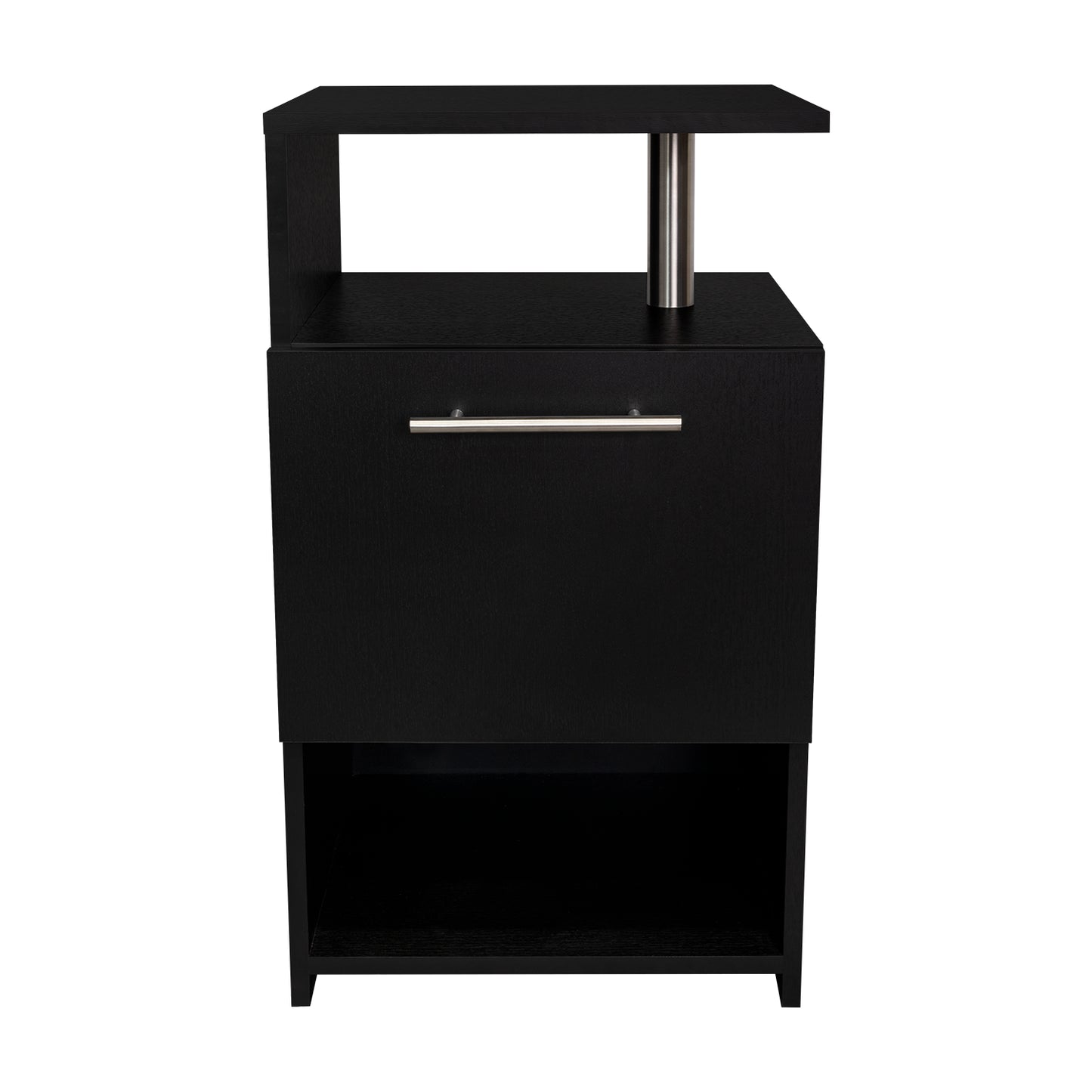 Mesa negra con estante, diseño moderno y elegante, ideal para habitaciones.
