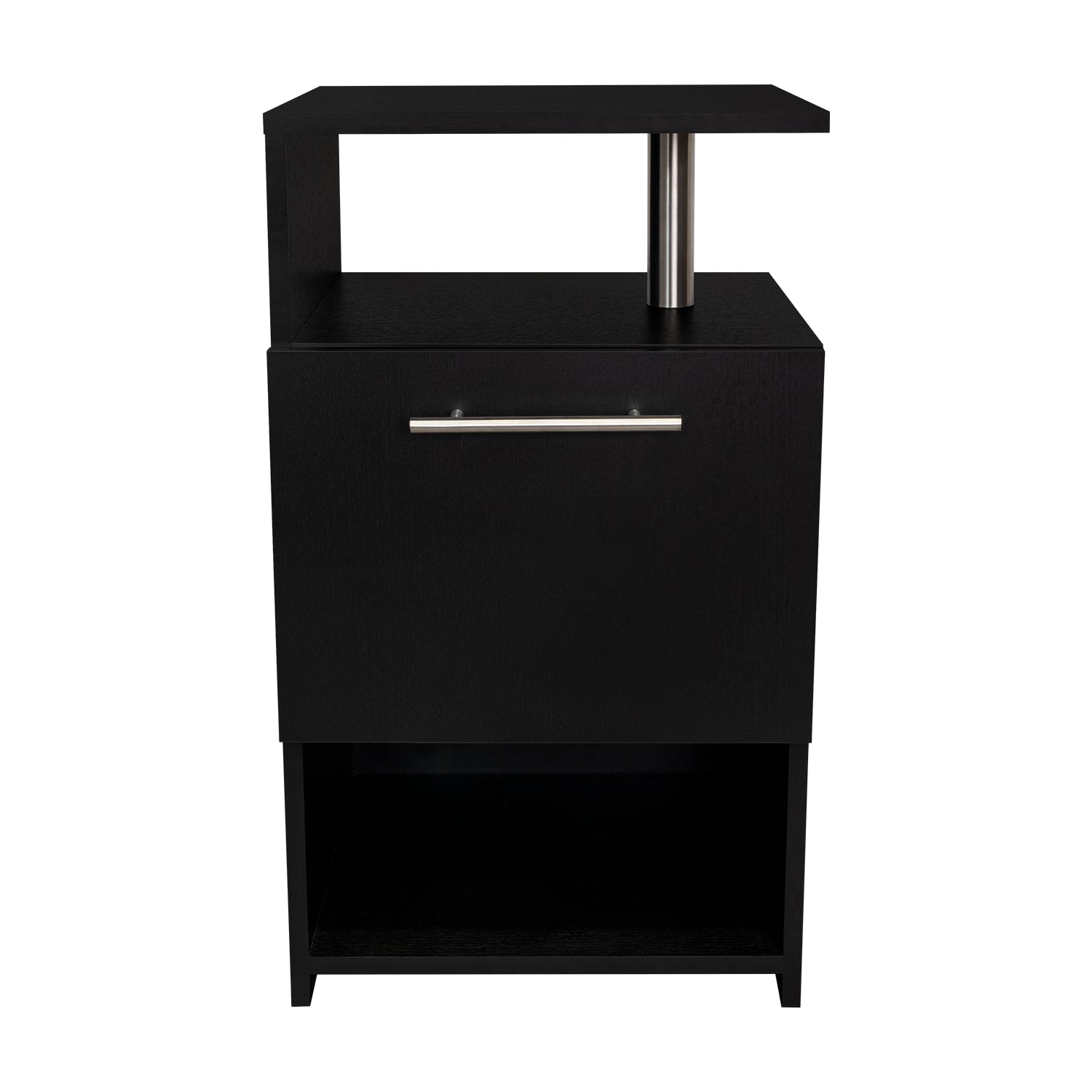 Mesa negra con estante, diseño moderno y elegante, ideal para habitaciones.