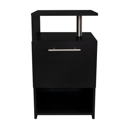 Mesa negra con estante, diseño moderno y elegante, ideal para habitaciones.