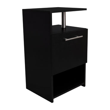 mesa negra moderna con estante y cajón, ideal para dormitorio