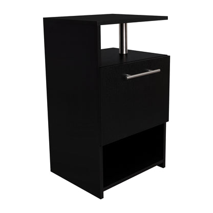 mesa negra moderna con estante y cajón, ideal para dormitorio
