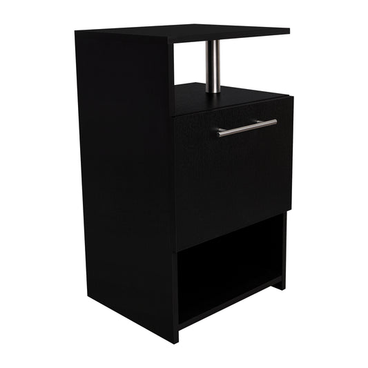 mesa negra moderna con estante y cajón, ideal para dormitorio