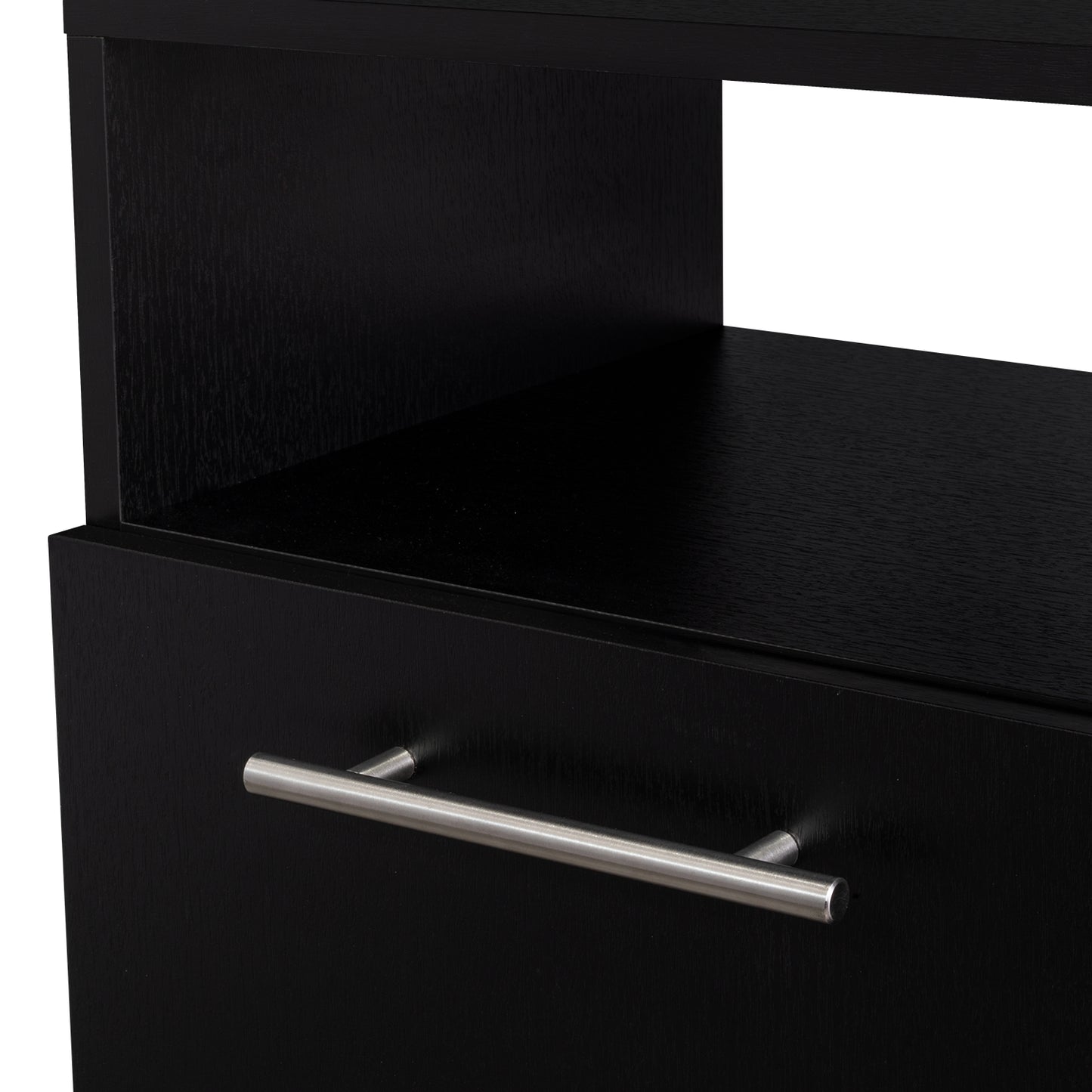 mesa negra con cajón, vista frontal y diseño moderno