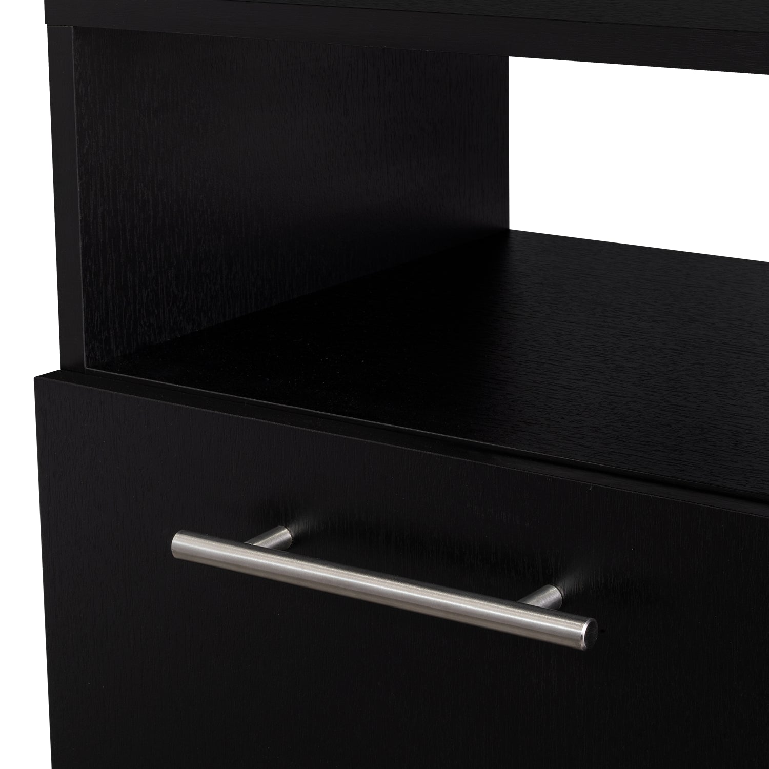 mesa negra con cajón, vista frontal y diseño moderno