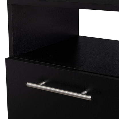 mesa negra con cajón, vista frontal y diseño moderno