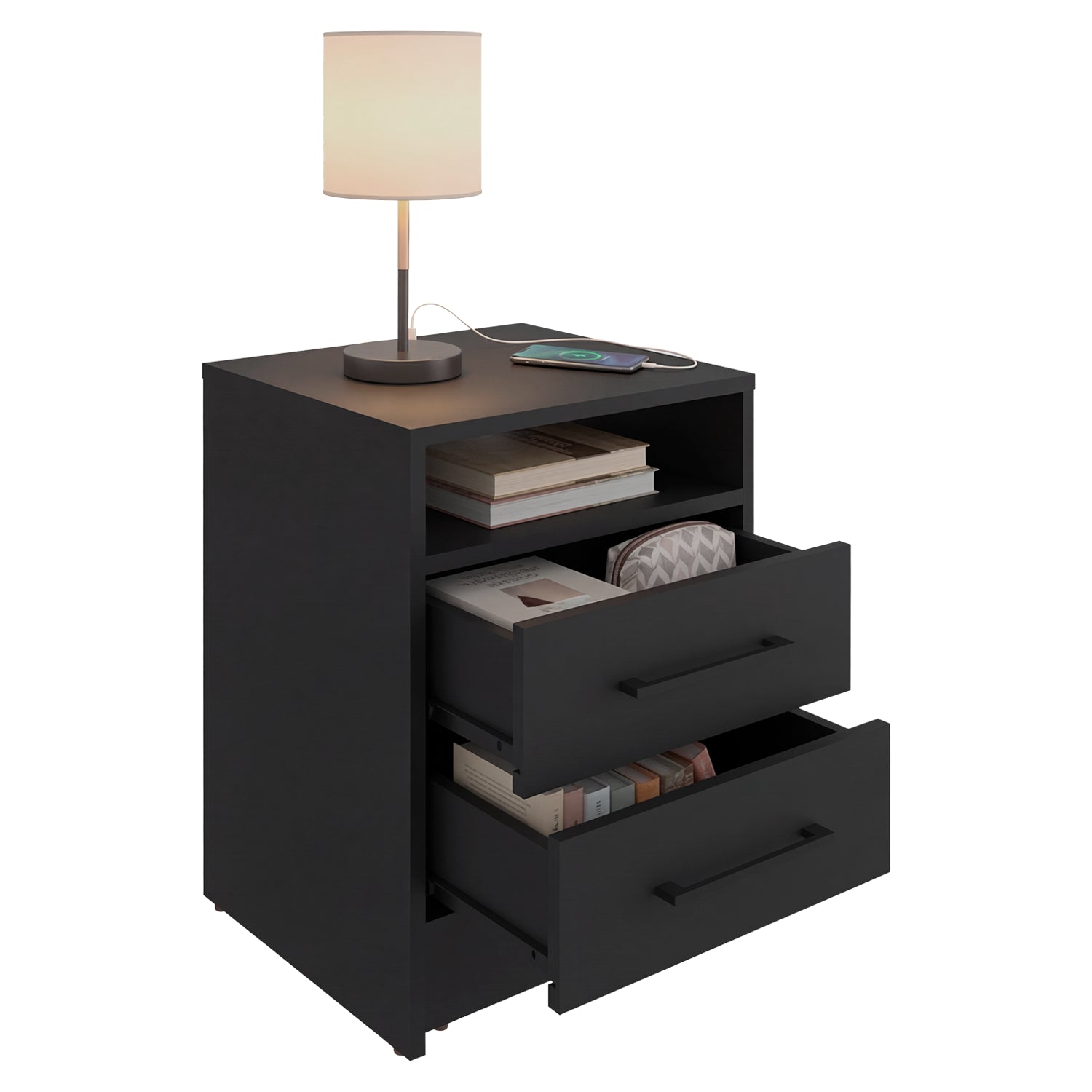mesa noche negra con lámpara y cajones, ideal para dormitorio