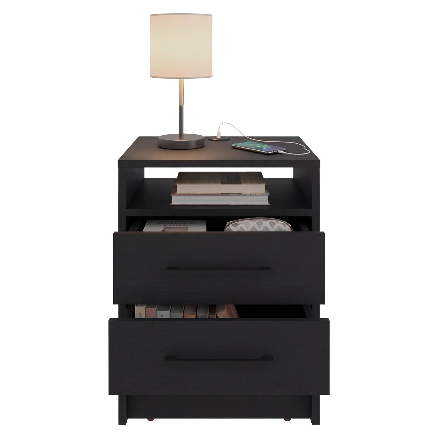 mesa noche negra con lámpara y espacio para libros