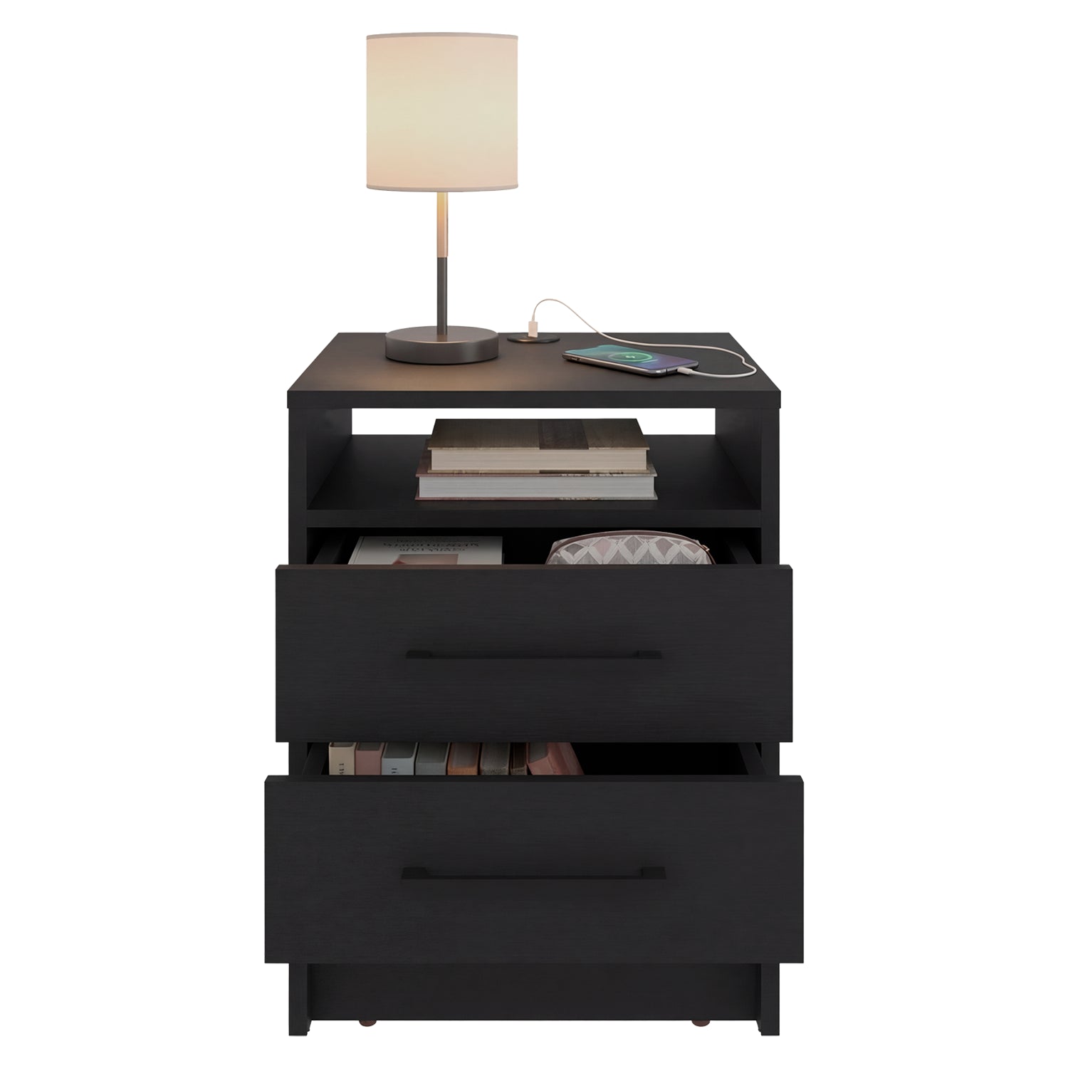 mesa noche negra con lámpara y espacio para libros