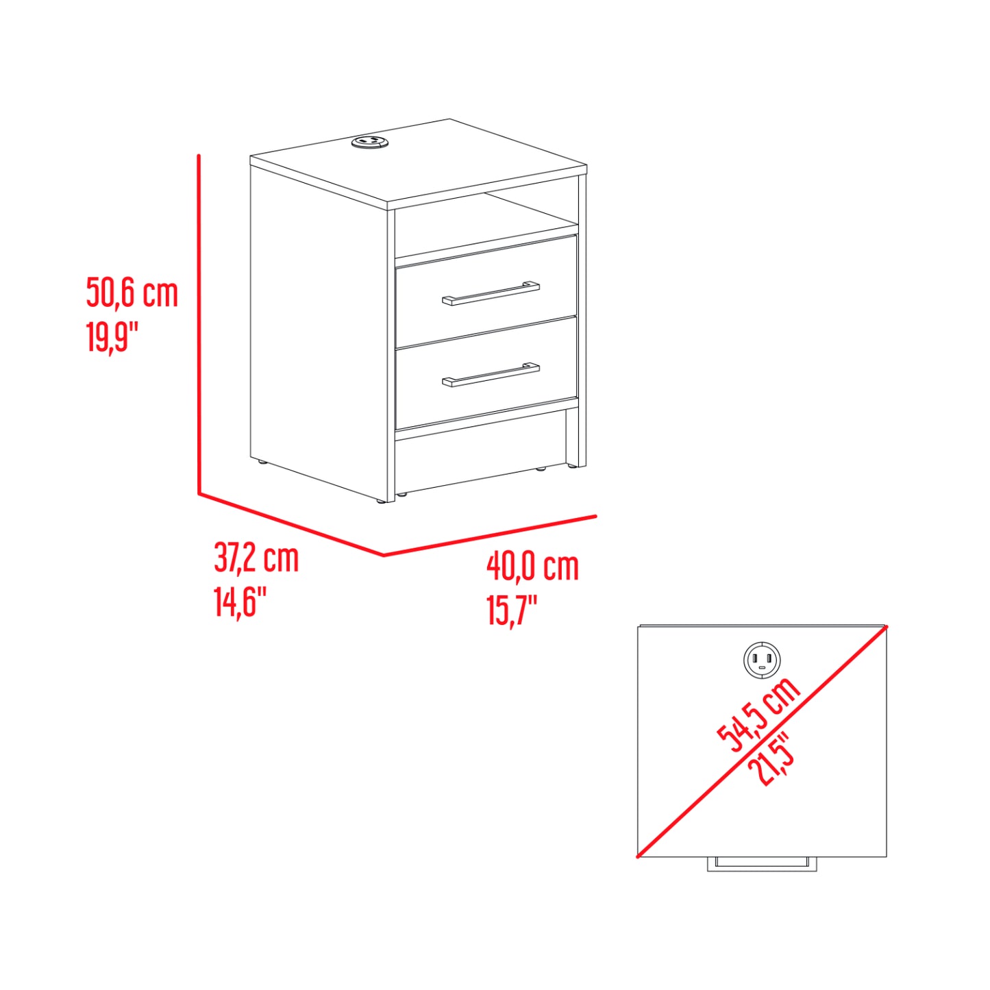 mesa noche blanca con dos cajones, vista frontal para dormitorio moderno