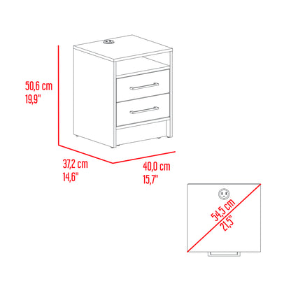 mesa noche blanca con dos cajones, vista frontal para dormitorio moderno