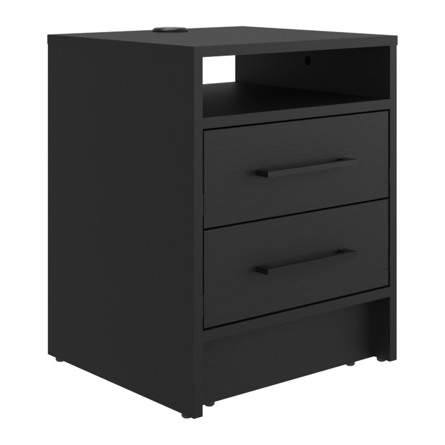 mesa noche negra con dos cajones y espacio abierto, ideal para dormitorio