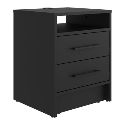 mesa noche negra con dos cajones y espacio abierto, ideal para dormitorio