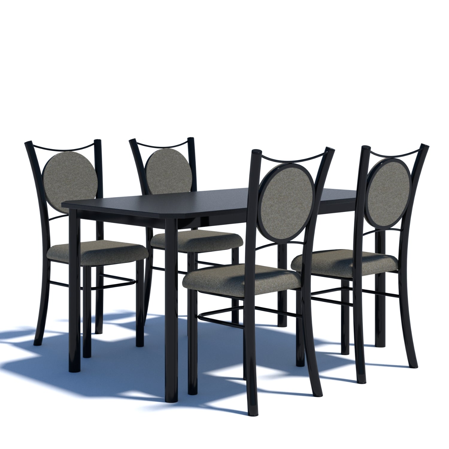 Mesas de comedor con sillas negras, vista frontal, ideal para comedor moderno