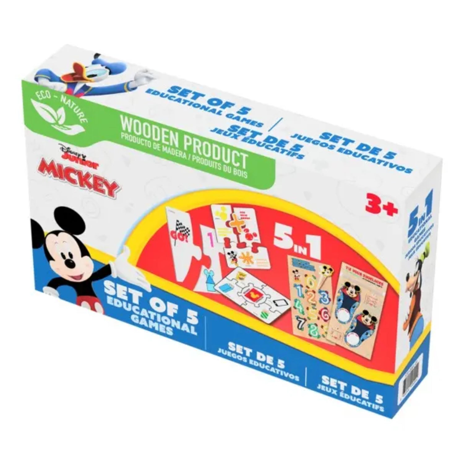 Juego educativo de madera Mickey, 5 en 1, vista frontal de la caja