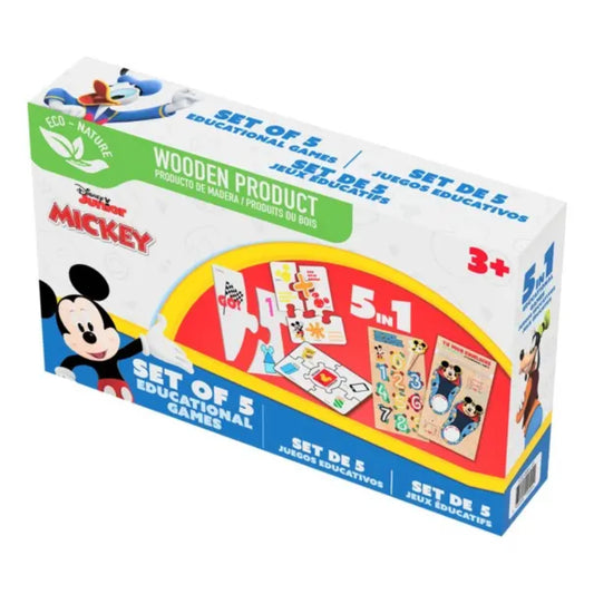 Juego educativo de madera Mickey, 5 en 1, vista frontal de la caja