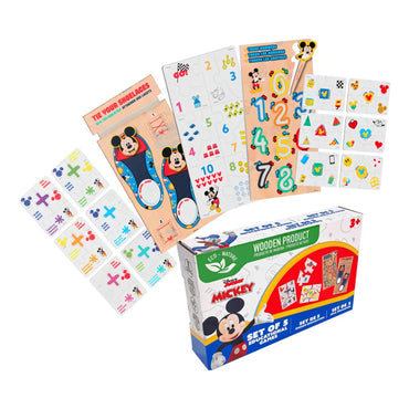 Set de cinco rompecabezas de madera Mickey, colores variados, vista frontal, ideal para aprender jugando