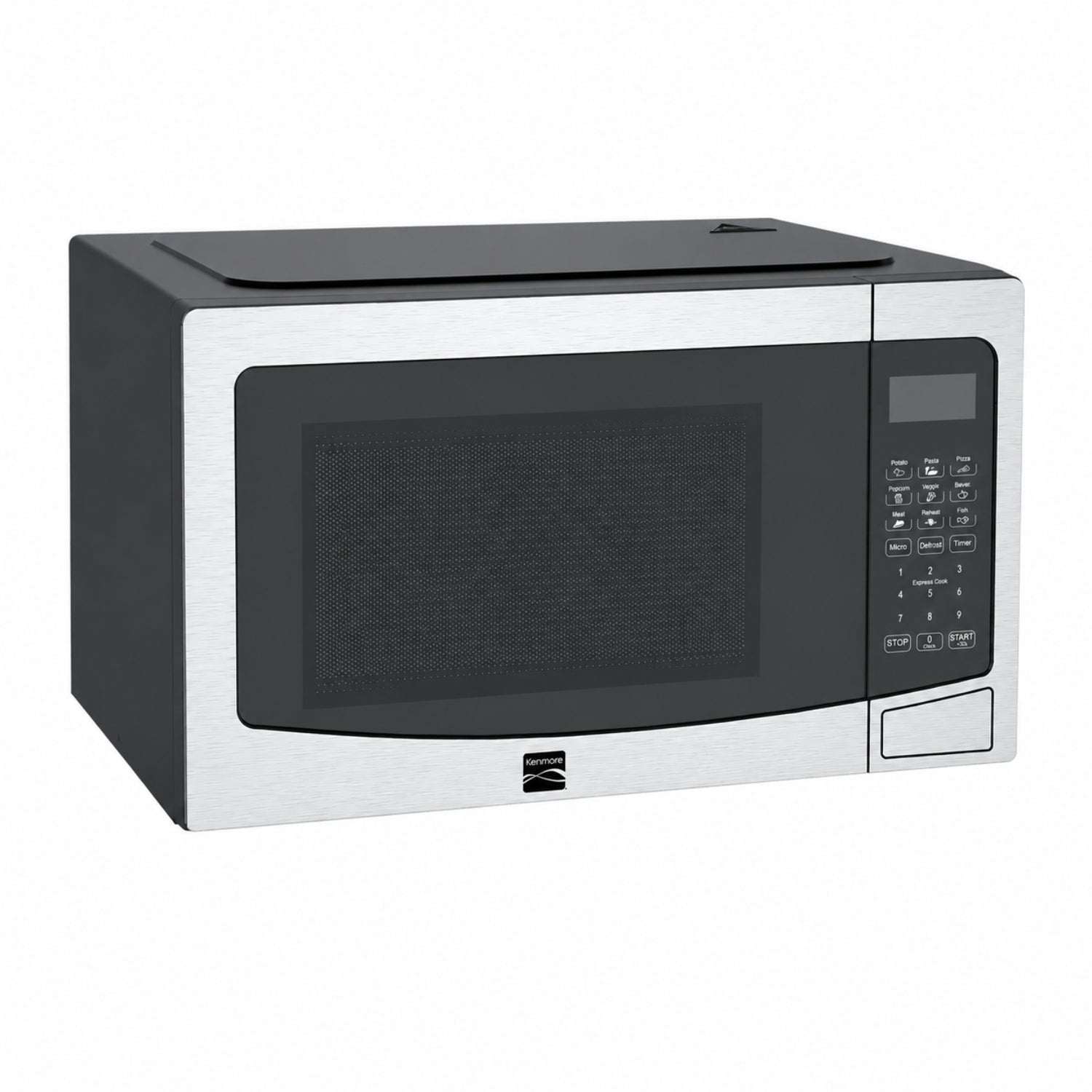Microondas Kenmore negro y acero inoxidable, vista frontal en cocina moderna