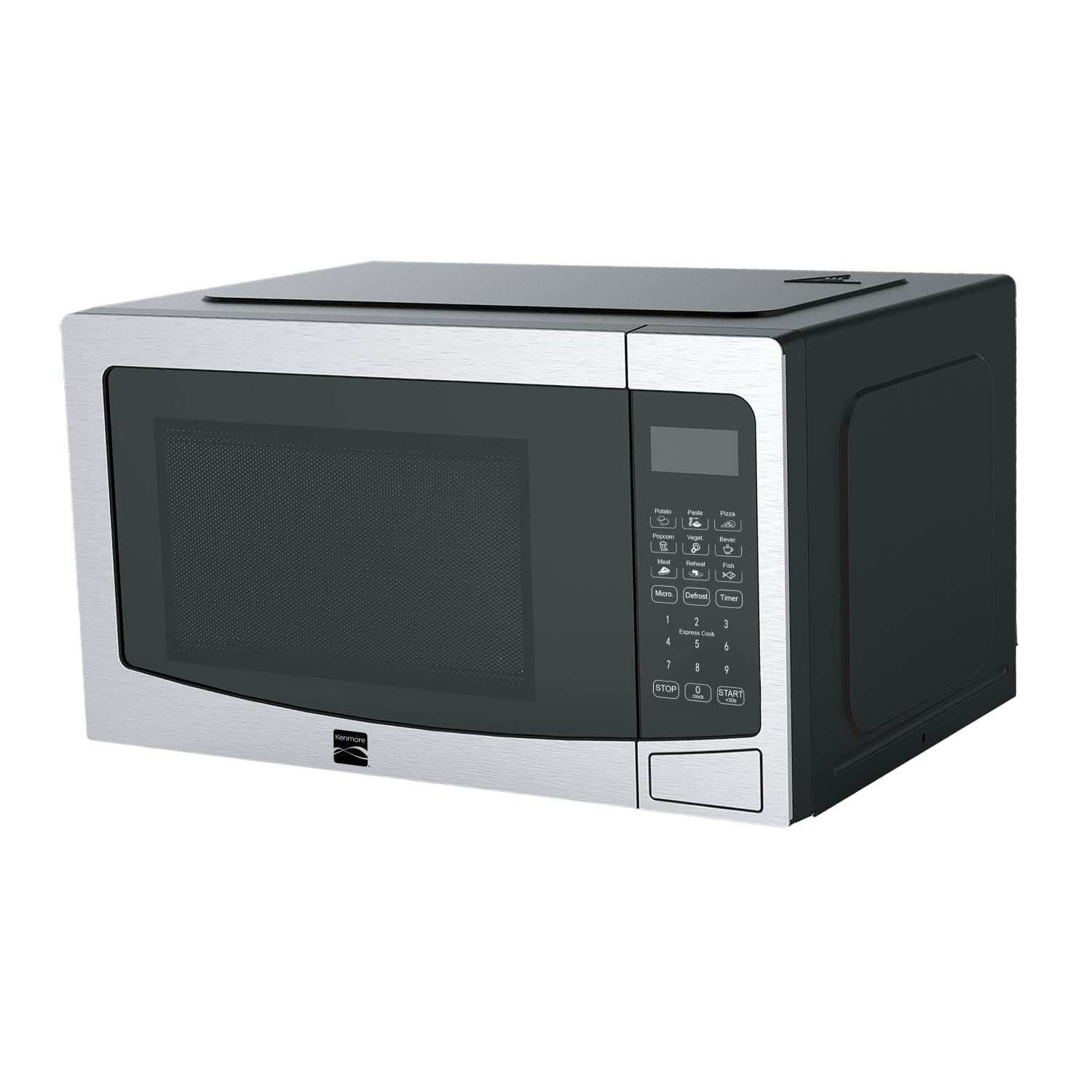 Microondas negro y plateado, vista frontal en cocina moderna
