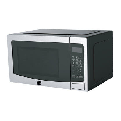 Microondas negro y plateado, vista frontal en cocina moderna