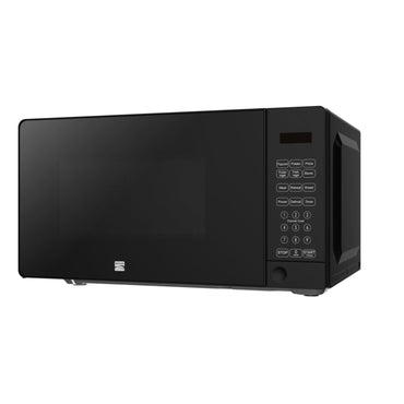 Microondas negro frontal, cocina moderna, control digital y diseño elegante