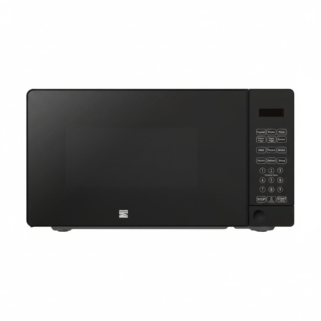 Microondas negro frontal, cocina, diseño moderno y controles digitales