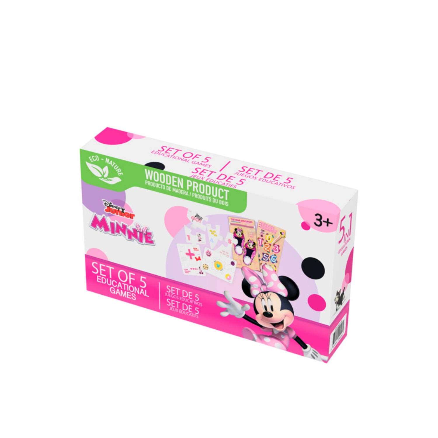 Juego educativo de madera Minnie Mouse, color rosa, vista frontal del paquete