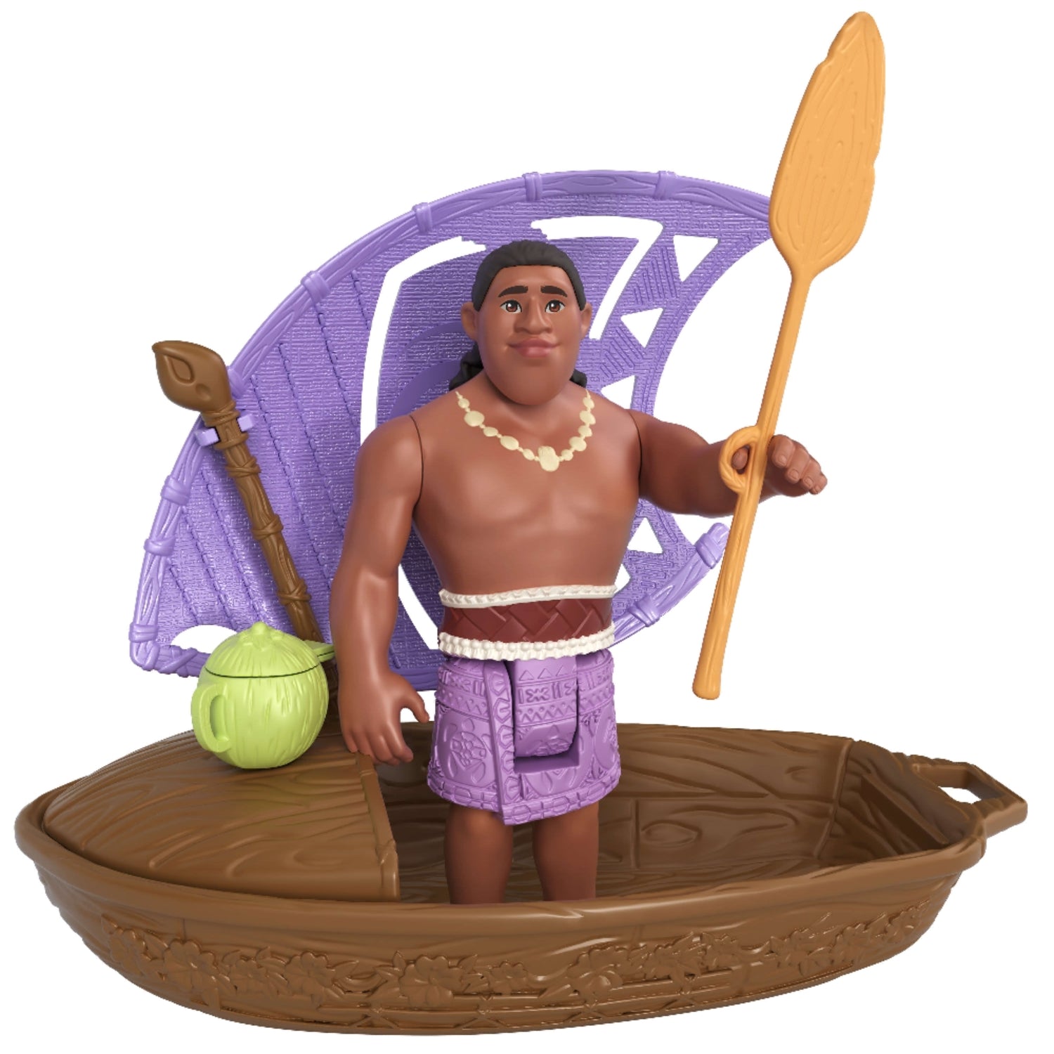 Figura de Moana con canoa marrón y vela morada, juguete de Mattel