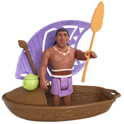 Figura de Moana con canoa marrón y vela morada, juguete de Mattel