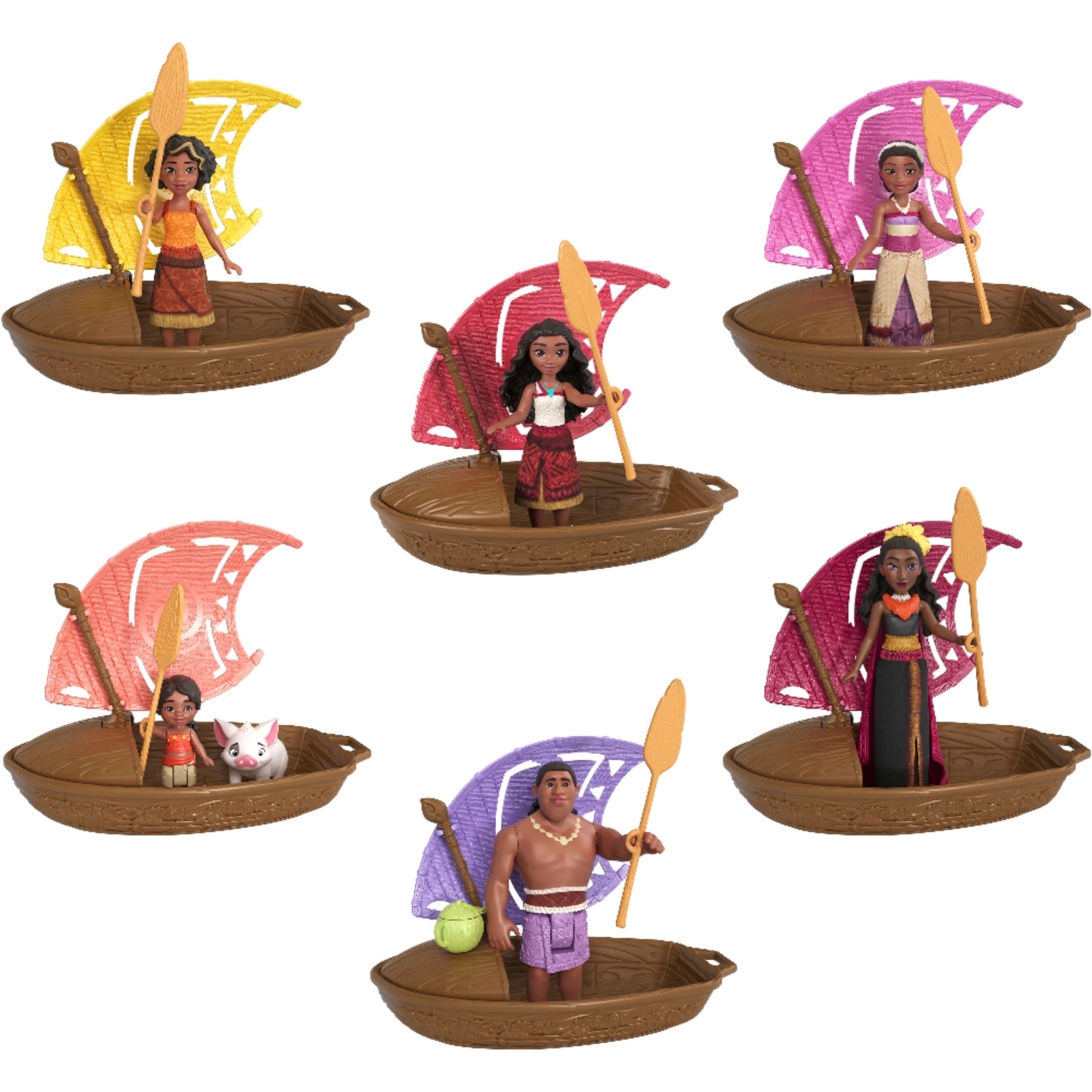 Figuras de acción de MATTEL en barcos de color marrón con remos y velas de colores