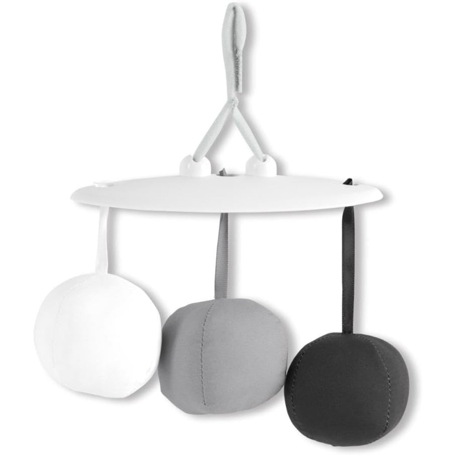 Móvil para bebés blanco y gris con bolas colgantes en habitación infantil