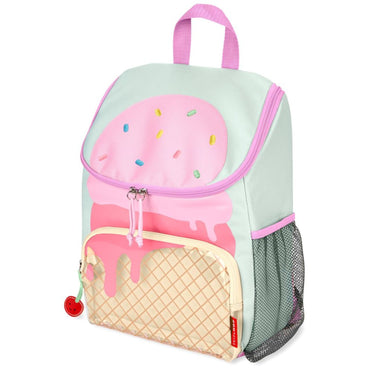 mochila escolar verde menta con diseño de helado, vista lateral