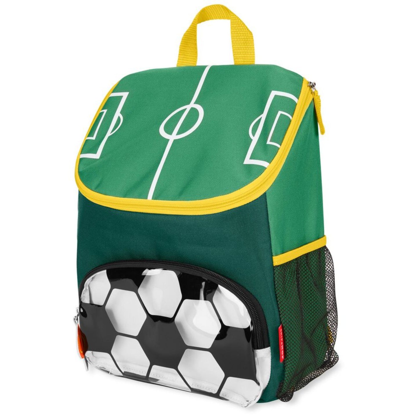 mochila escolar verde con diseño de cancha de fútbol, vista lateral, ideal para niños