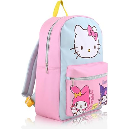Mochila Sanrio rosa y azul lateral con diseño de Hello Kitty y personajes adorables