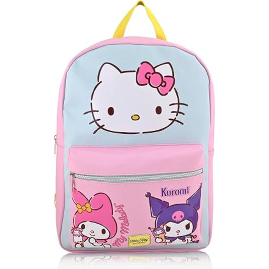 Mochila rosa con Hello Kitty y Kuromi, vista frontal con estampados coloridos